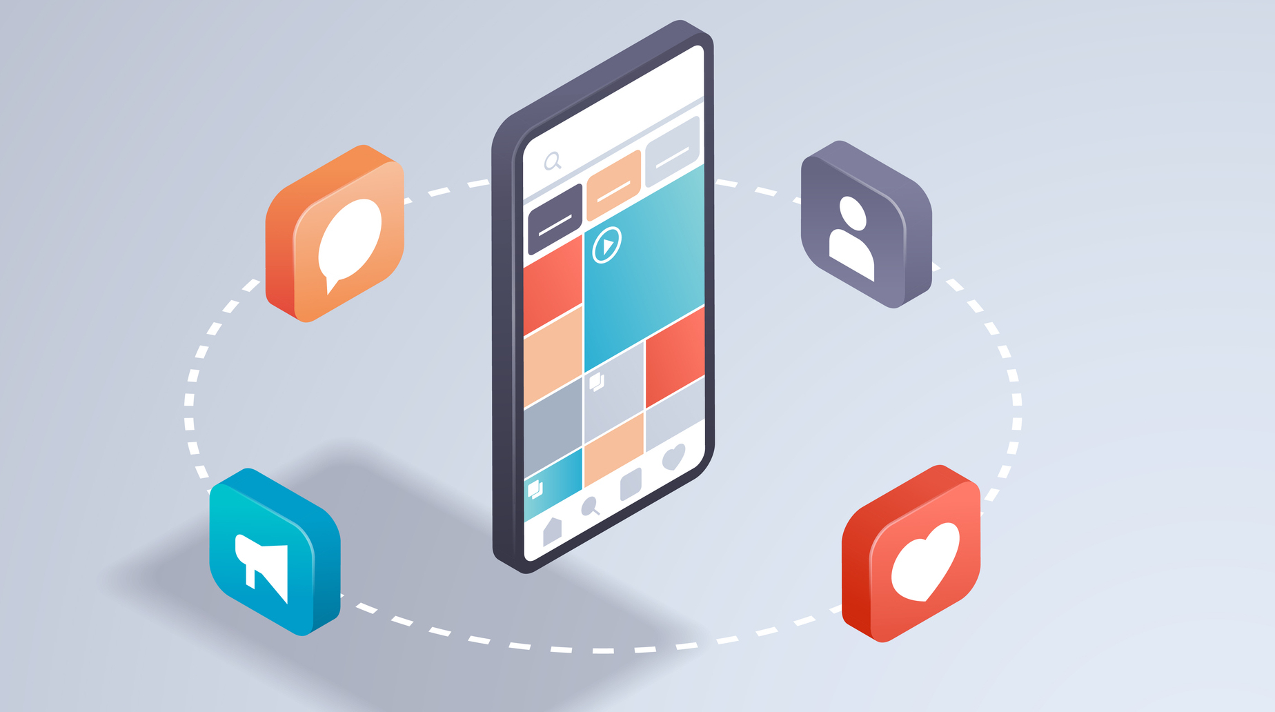 Illustratives Smartphone mit Homescreen und darum herum schwirrenden App-Ic
