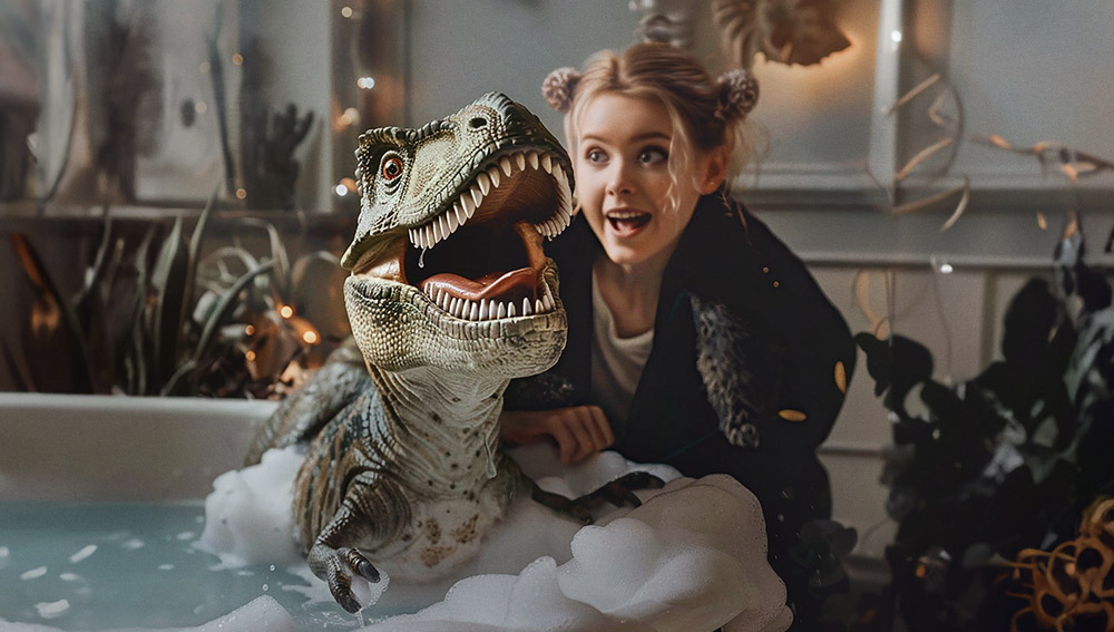Mädchen mit Dinosaurier der in der Badewanne sitzt