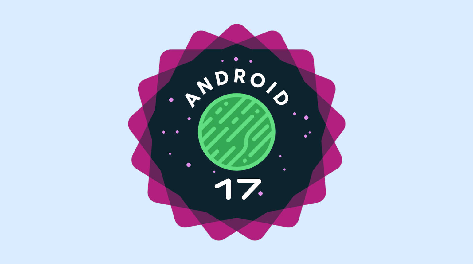 Abstraktes Logo mit grünem Kreis, umgeben von „ANDROID 17“ und lilafarbener