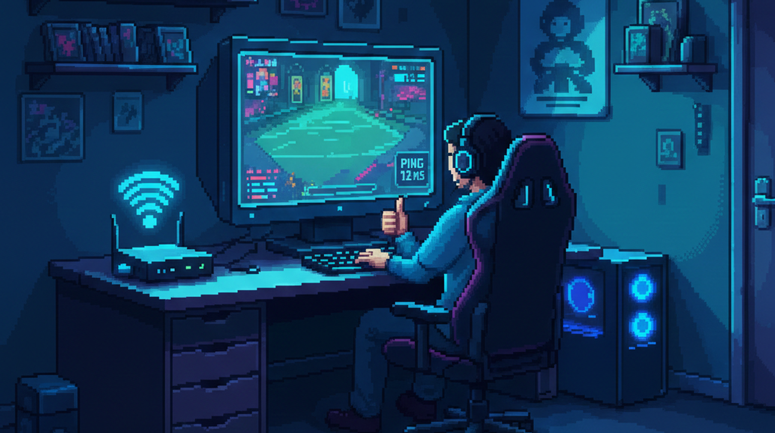 Pixel-Gamer sitzt am Schreibtisch, spielt mit stabilem Ping von 12 ms.