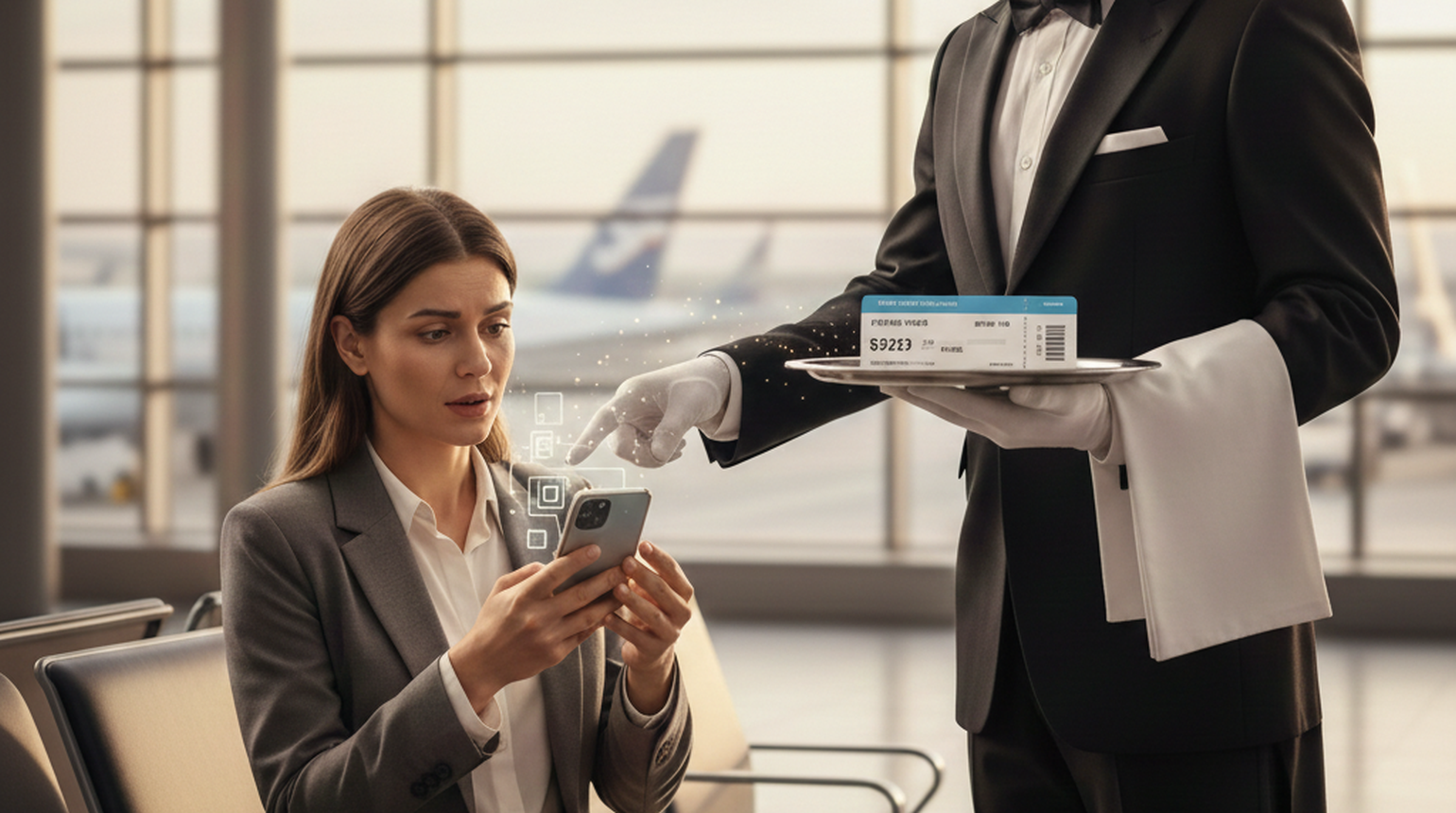 Butler im Anzug stupst eine Person am Flughafen an und hält ein Tablett mit