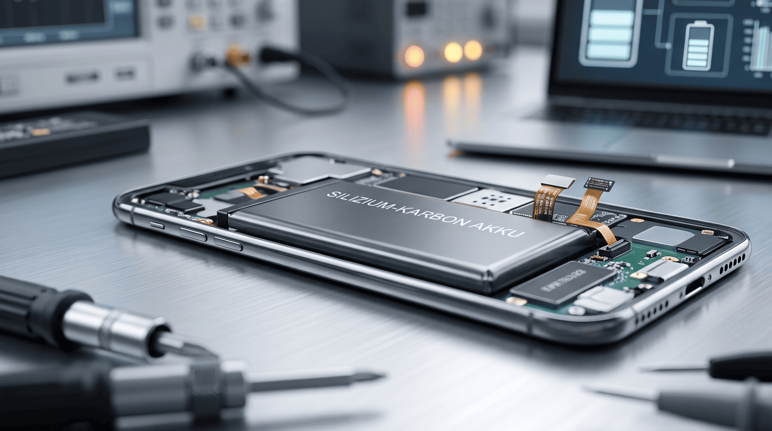 Smartphone mit geöffneter Rückseite und sichtbarem SI-C Akku