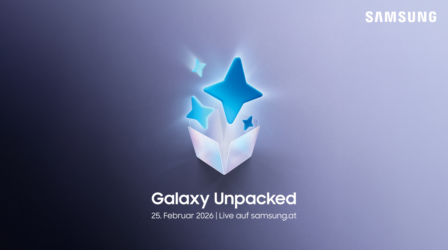 Samsung Galaxy Unpacked 25. Februar 2026, Live auf samsung.at, blaue Sterne