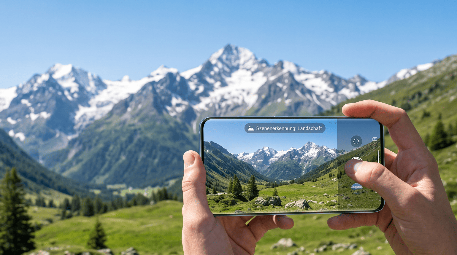 Smartphone in Händen zeigt Alpenpanorama im Kamerasucher mit Text: Szenener