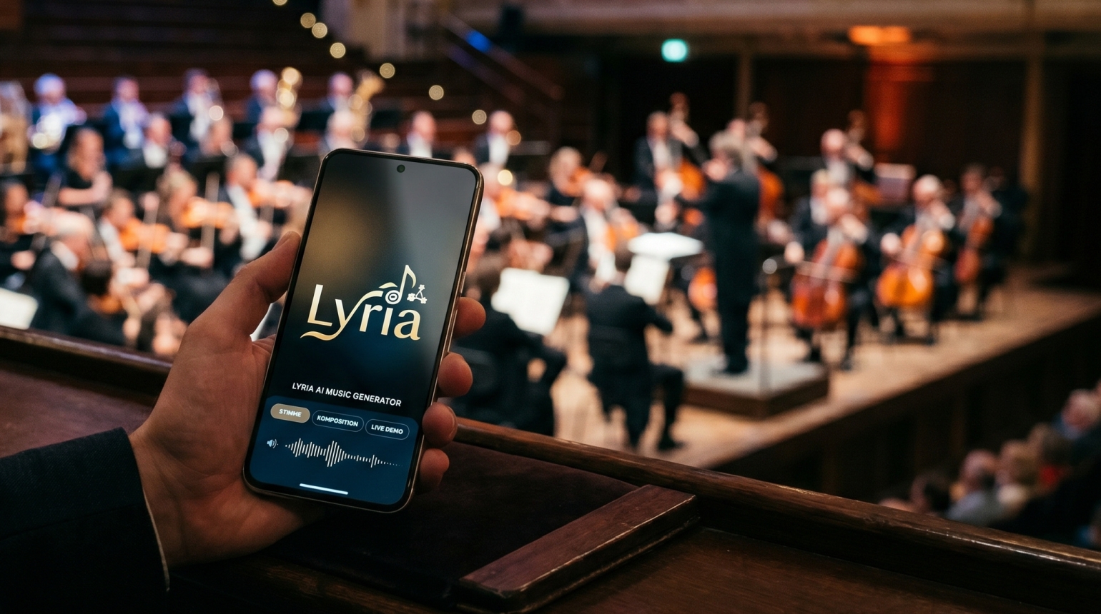 Hand hält Smartphone im Hintergrund Orchester auf Bühne.