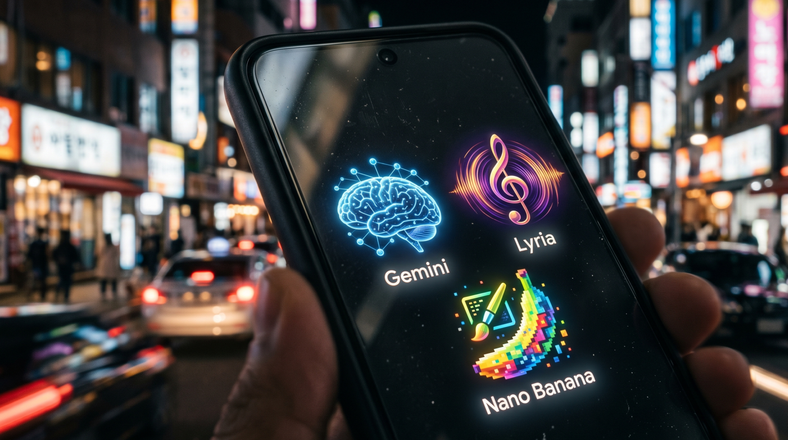 Smartphone zeigt drei bunte App-Icons: Gemini, Lyria, Nano Banana