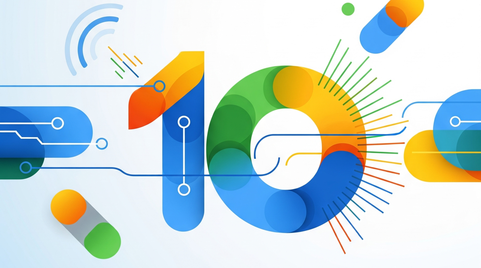 Buntes, stilisiertes Bild der Zahl „10“ mit Elementen in den Google-Farben.