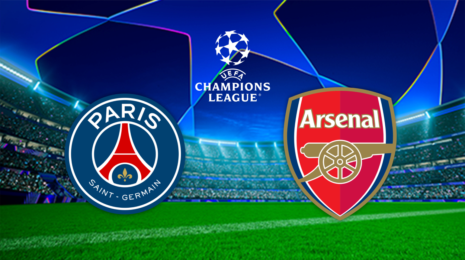 Links das Logo von Paris Saint-Germain auf blauem Hintergrund