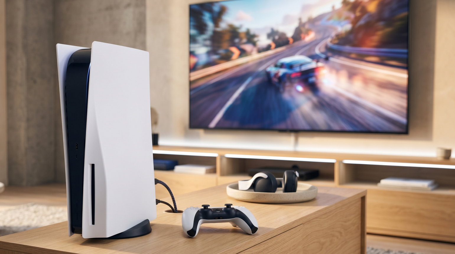 PlayStation 5 Konsole und Controller auf Holztisch