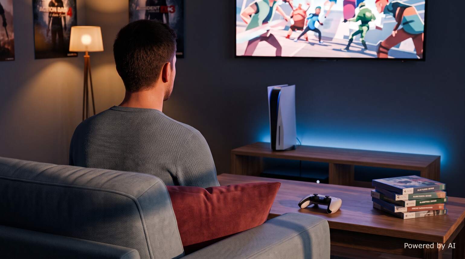 Person sitzt auf Sofa und schaut animiertes Videospiel auf TV; PlayStation
