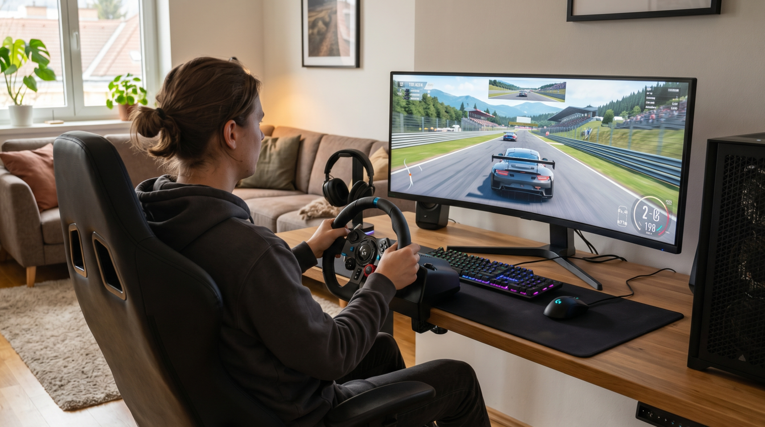 Person sitzt am Gaming-Tisch und spielt eine Autorennsimulation