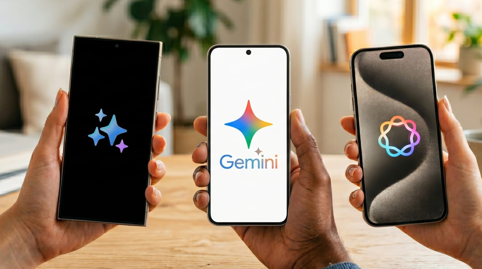 Drei Smartphones mit farbigen Gemini-Logos. Beste KI Smartphones 2026 Ranki