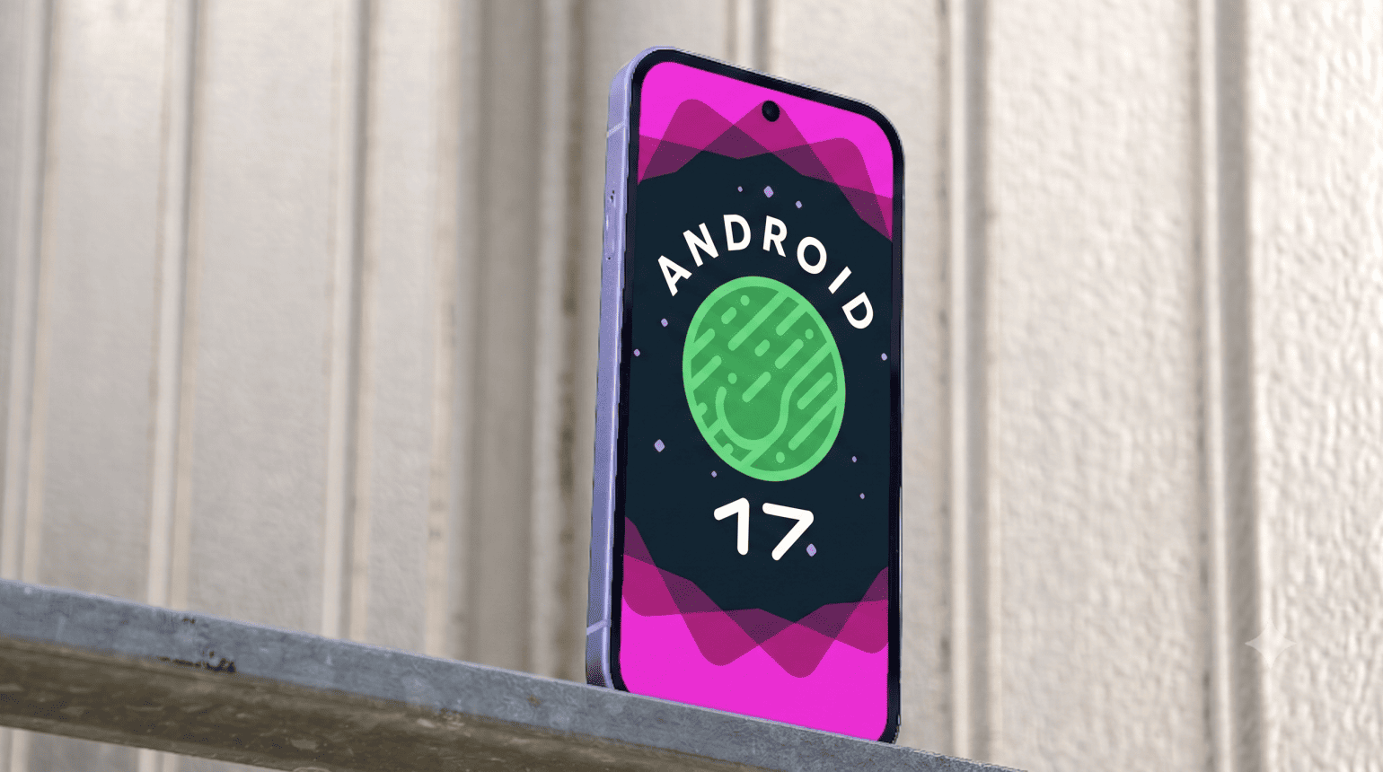 Smartphone mit Bildschirmgrafik: Grüner Kreis, „ANDROID 17“ und bunte abstr