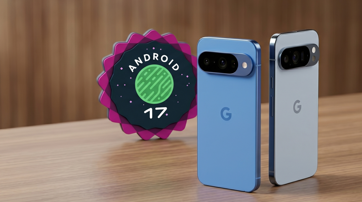 Zwei blaue Google-Smartphones auf einem Tisch, daneben ein Android-17-Logo.