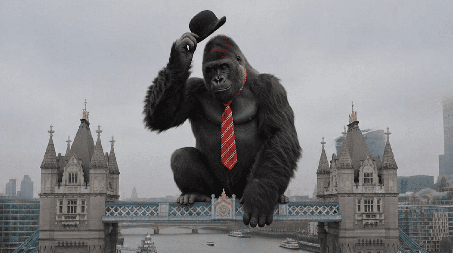 Riesiger Gorilla mit roter Krawatte sitzt auf der Tower Bridge in London