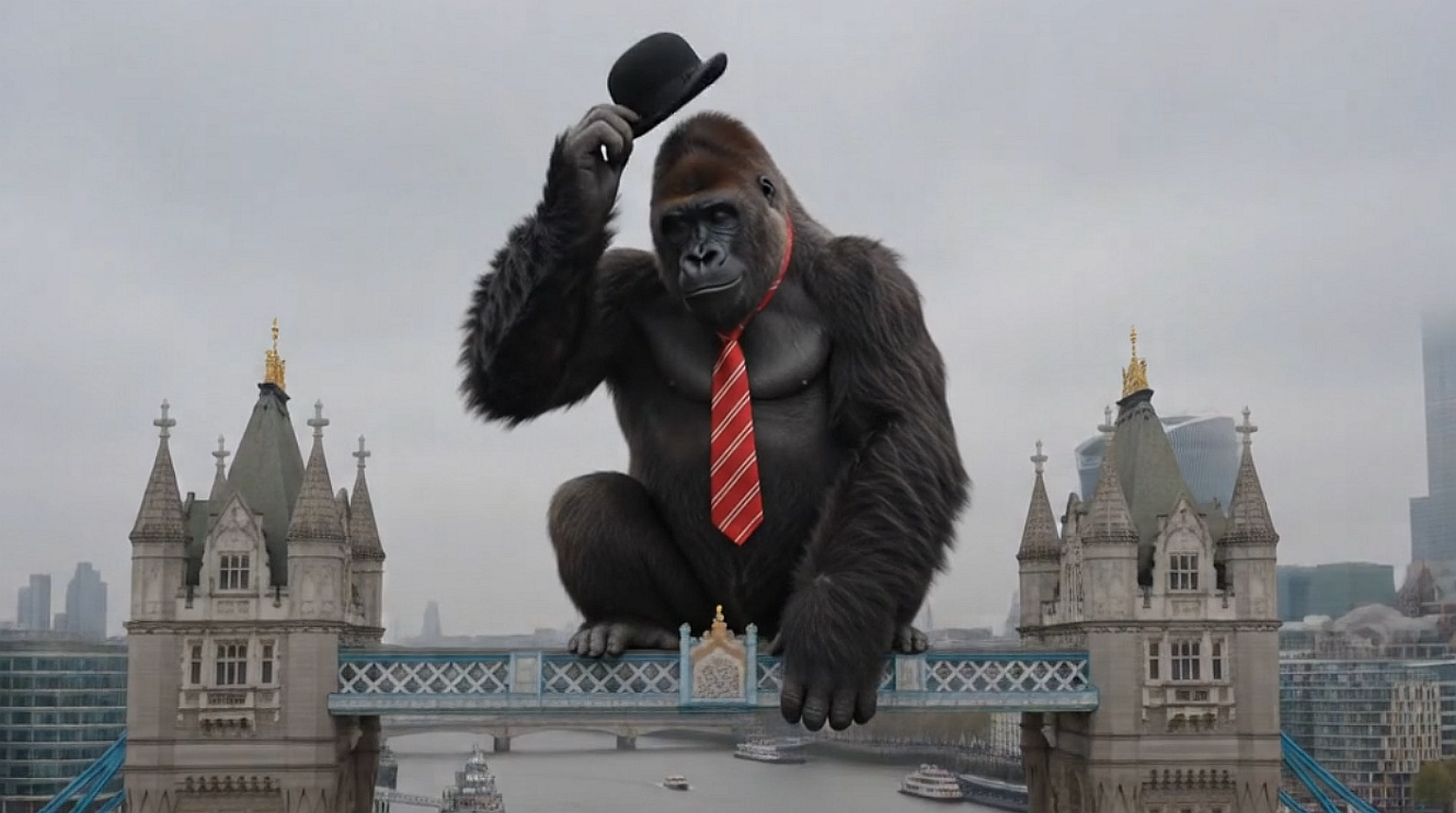 Riesiger Gorilla mit roter Krawatte sitzt auf der Tower Bridge in London