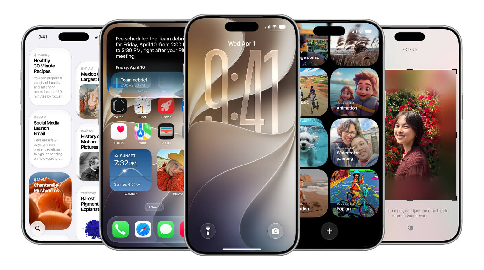 Fünf iPhones zeigen nebeneinander verschiedene iOS-Bildschirme: Widgets, Ap