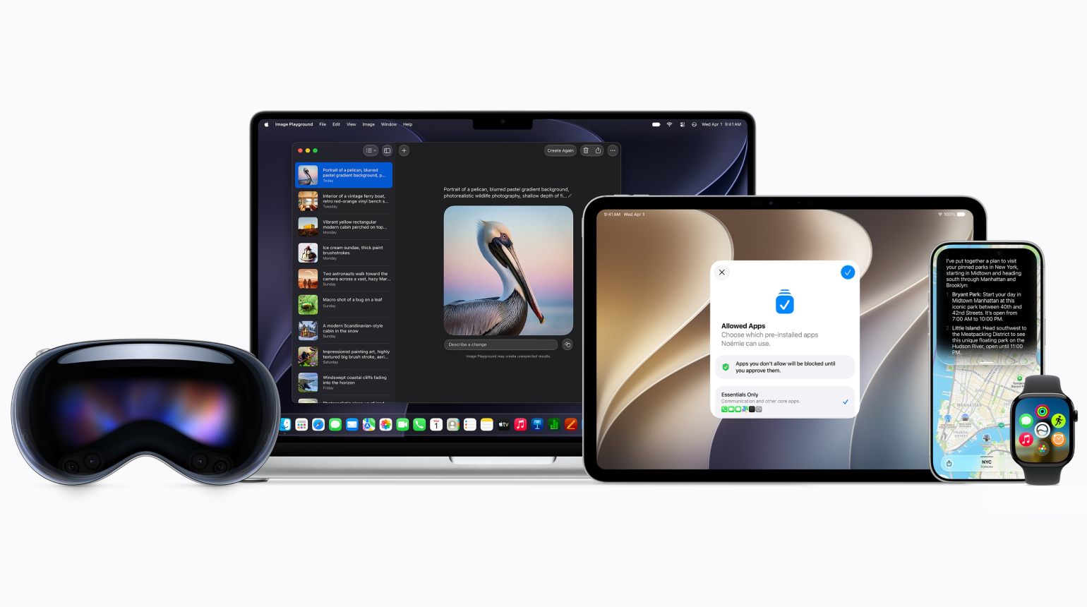 Apple Vision iPad und iPhone nebeneinander auf weißem Hintergrund