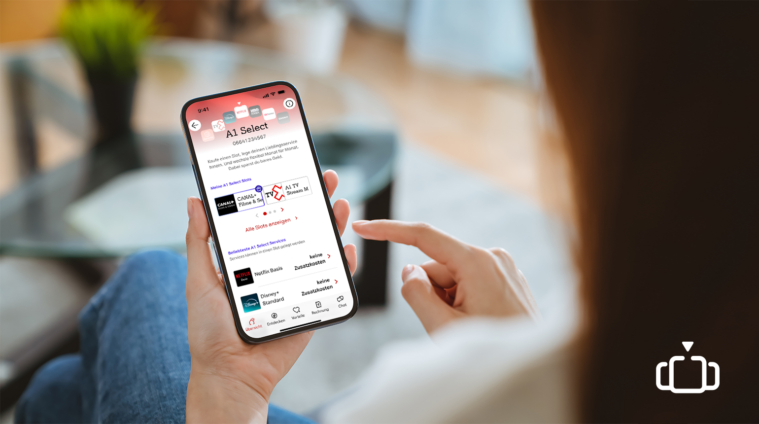 Smartphone mit Mein A1 App und A1 Select Services