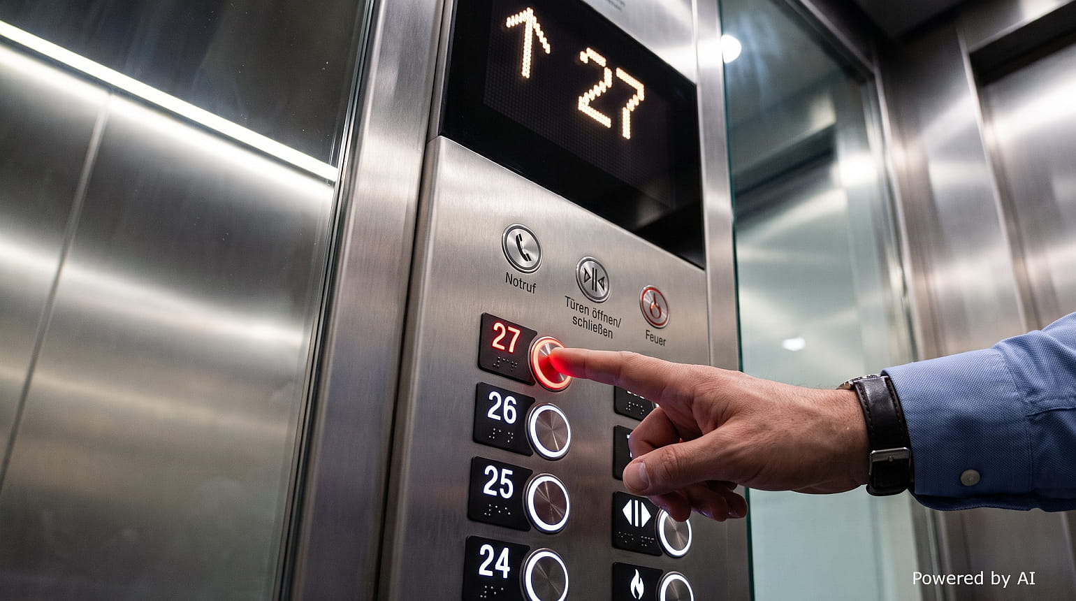 iOS 27: Hand drückt in Aufzug Knopf der 27. Etage