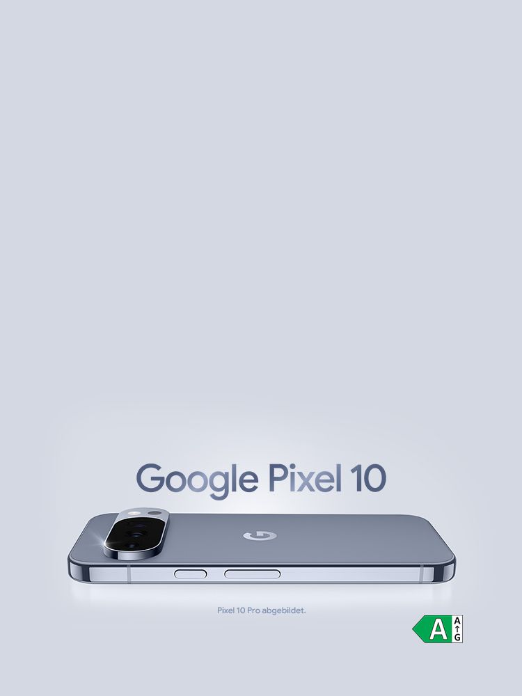 Das Bild zeigt ein silbernes Google Pixel 10 mit schwarzer Dual-Kamera und mittigem G-Logo. Rechts daneben steht in blauer Schrift „Google Pixel 10“, darunter „Pixel 10 Pro abgebildet“.