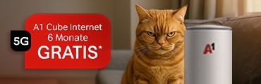 Mürrischer Kater neben A1 5G-WLAN-Router und Textfeld: A1 Cube Internet 6 Monate GRATIS. Verweis auf Angebotsbedingungen