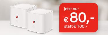 Dieses Bild zeigt 2 Mesh WLAN Verstärker. Ein roter Störer bewirbt "Jetzt nur € 80,- statt € 100,-".