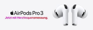 AirPods Pro 3 vor Weiß, Text in Schwarz und Pink: Herzfrequenzmessung