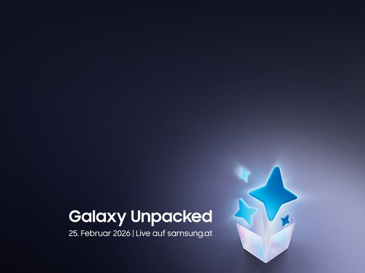 Blaue Sterne steigen aus weißer Box auf, Text Galaxy Unpacked 25. Februar 2026