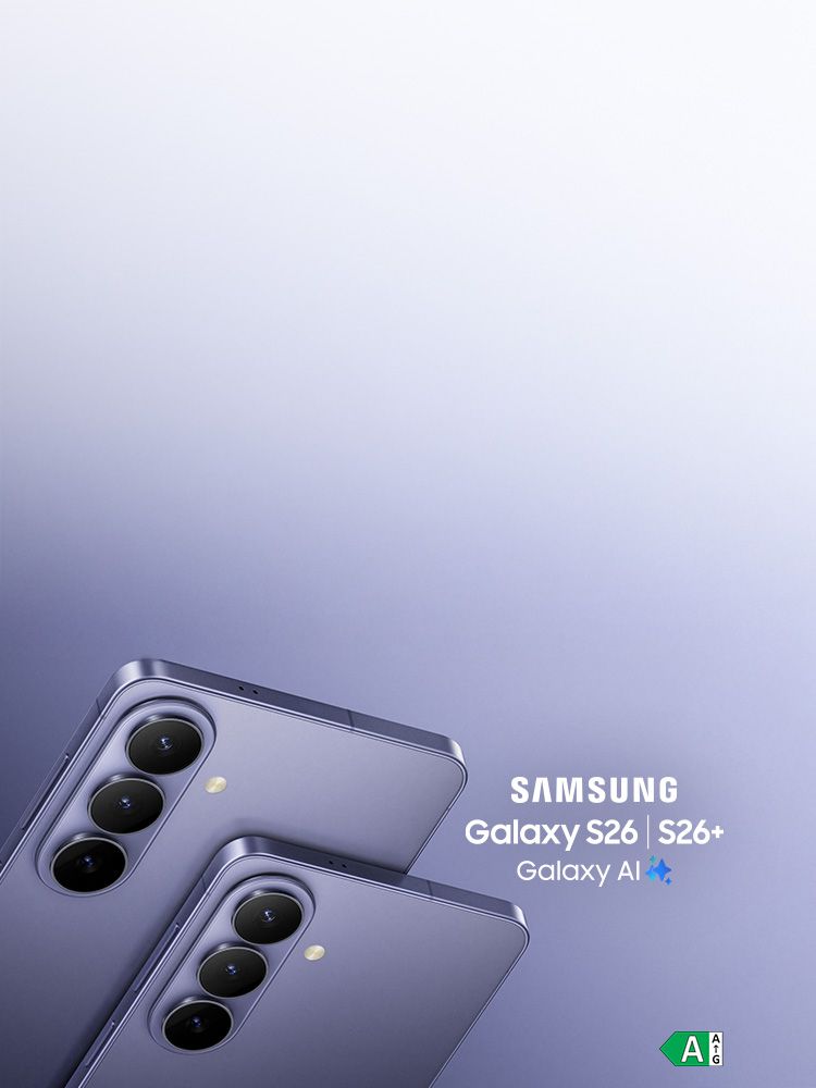 Galaxy S26 und S26+ in Violett rechts, Text Galaxy AI, Samsung‑Logo