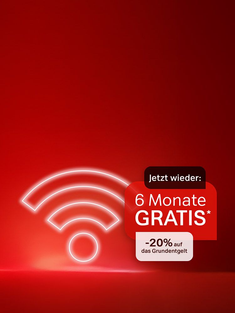 Weißes WLAN-Symbol, daneben Angebot mit den Text: Jetzt wieder, 6 Monate gratis und -20% auf das Grundentgelt. Verweis auf Angebotsbedingungen.