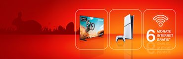 Angebotsdarstellung mit einem Fernseher, einer PlayStation und Angebots-Text 6 Monate Internet GRATIS. Verweis auf Angebotsbedingungen.