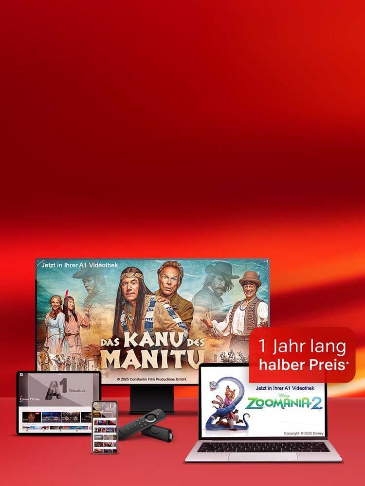 Mehrere Streaming-Geräte zeigen "Das Kanu des Manitu" und "Zoomania 2", daneben Text: 1 Jahr lang halber Preis.